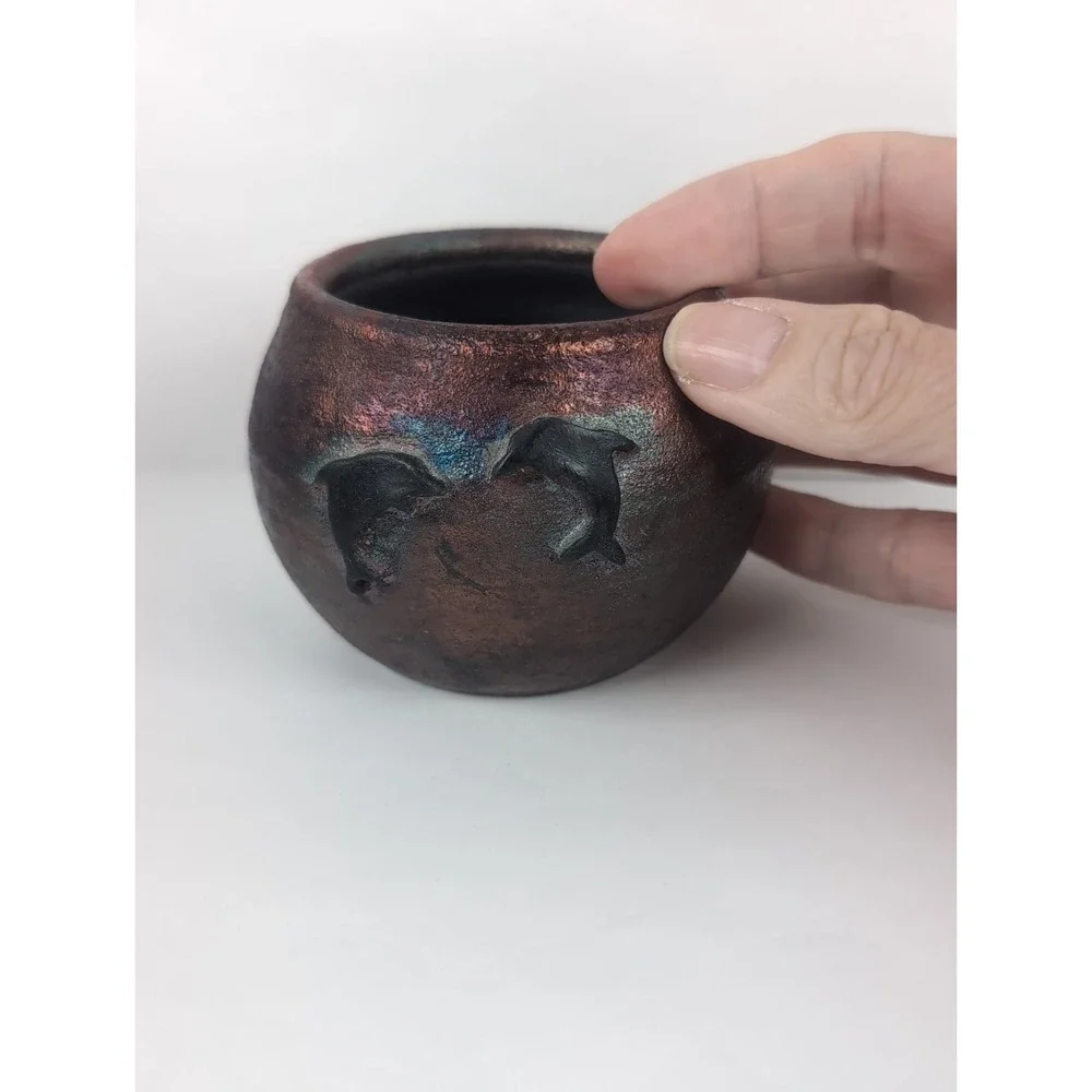Raku Pottery Iridescent Vase W/ Dolphins, Artist Signed CAM  2.5